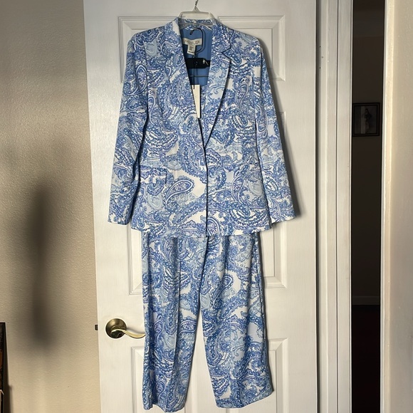 New Rachel Zoe Grecian blue white paisley print pants and blazer jacket suit set - Picture 1 of 15